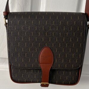 Saint Laurent Brown Monogram Messenger Bag with Leather Trim